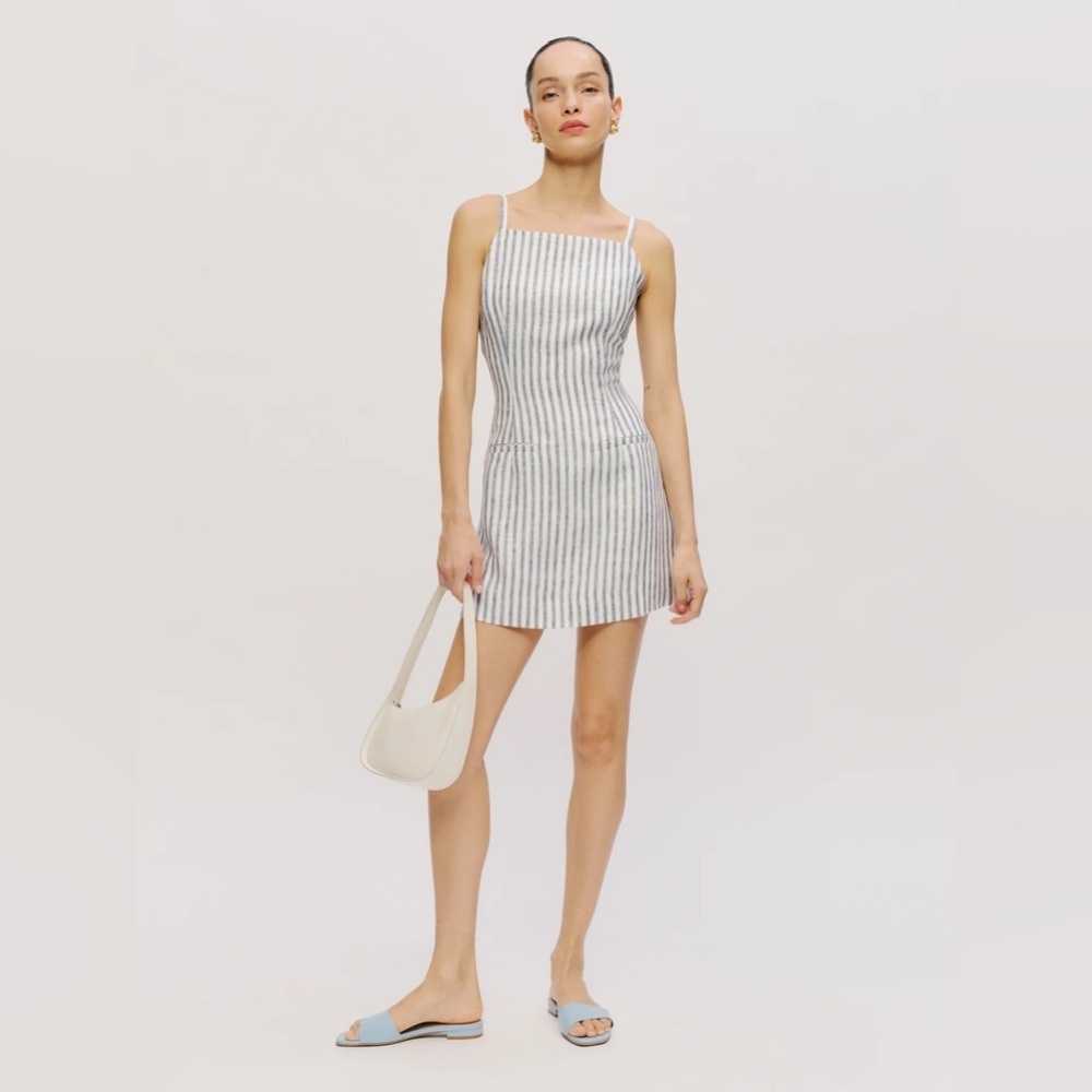 NEW Reformation Phillipa Linen Mini Dress in Antibes Stripe Blue White | sz 4 - Picture 6 of 12